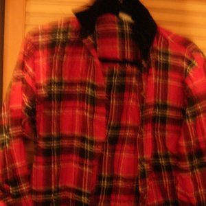 2 Medium black red white plaid flannel shirts velvet collar elbow patches zip